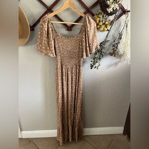 Pinkblush Floral Tan smocked Midi Dress